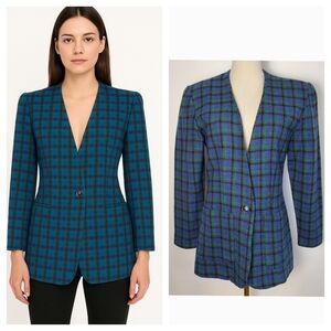 Vintage Blue and Green Plaid Blazer with Notched Lapels